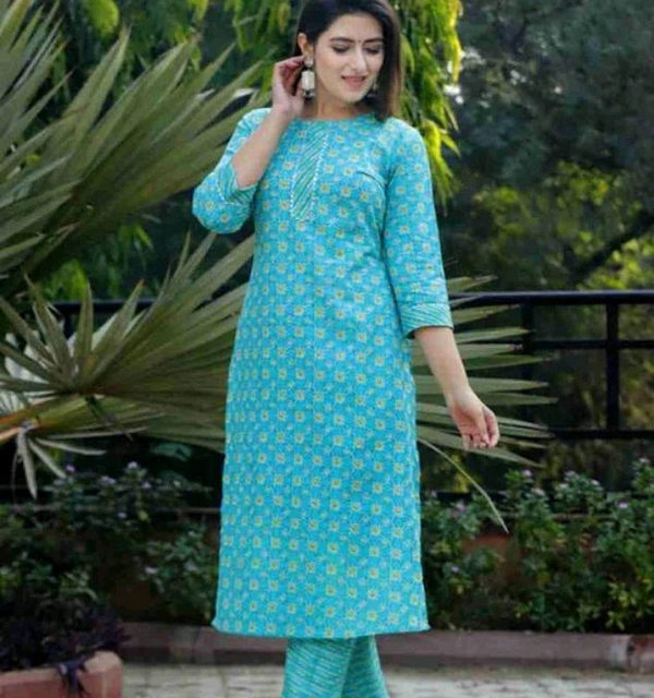 Rayon Kurti with Pant Set for Women - Teal, L