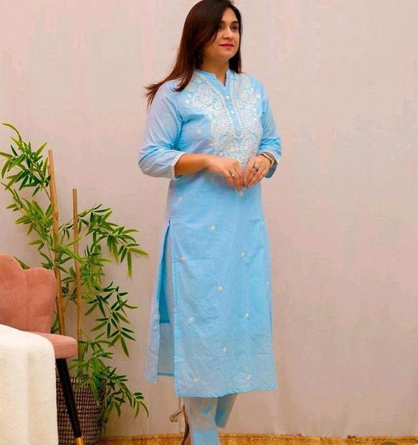 Embroidered Kurti with Pant Set - Mint Green, M