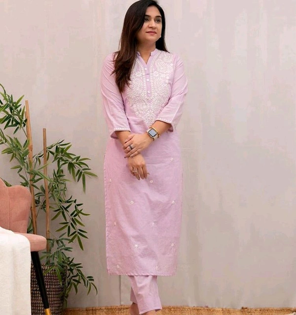 Embroidered Kurti with Pant Set - Pink Lace, L