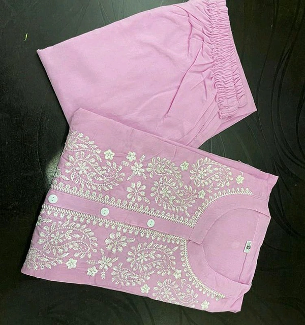 Embroidered Kurti with Pant Set - Pink Lace, L