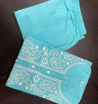 Embroidered Kurti with Pant Set - Mint Green, L