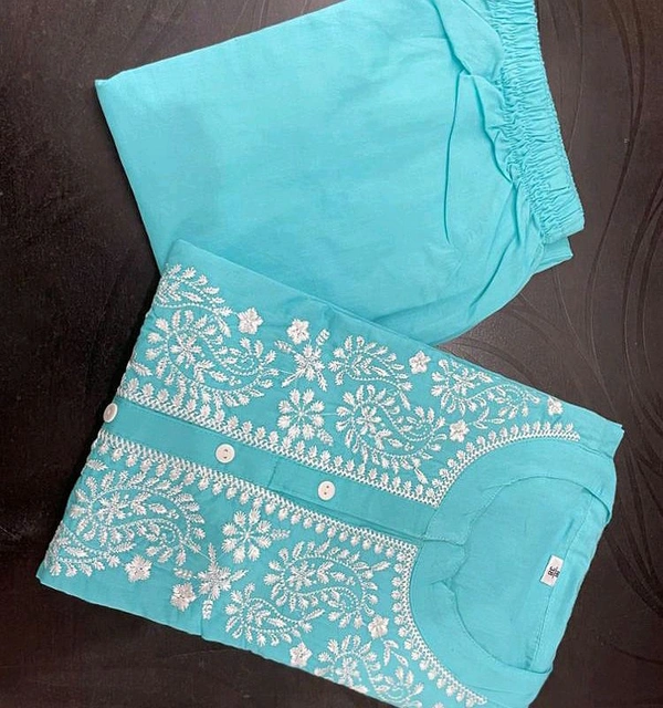 Embroidered Kurti with Pant Set - Mint Green, L