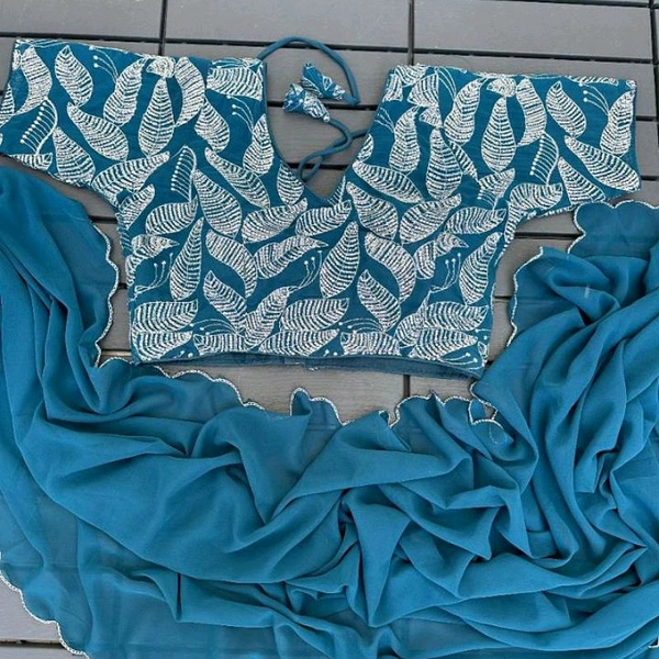Beautiful Saree With Embroidered Blouse for Women - Free, Teal