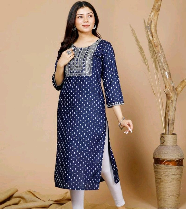 Elegant Rayon Embroidered Single Kurti – Stylish & Comfortable - L, Navy Blue