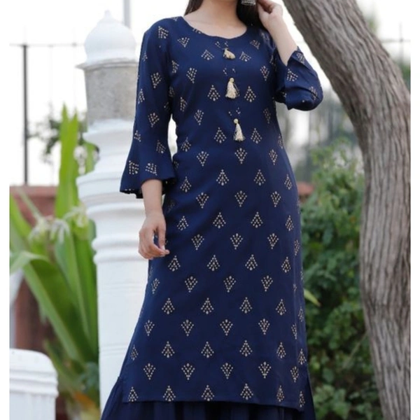 Women's Printed Rayon Slub Kurta with Sharara - M