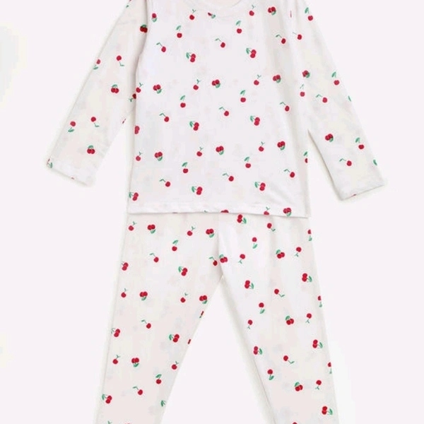 Kids Craft White Cotton Fabric Cherry print Girls Nightsuit - 4-5 years