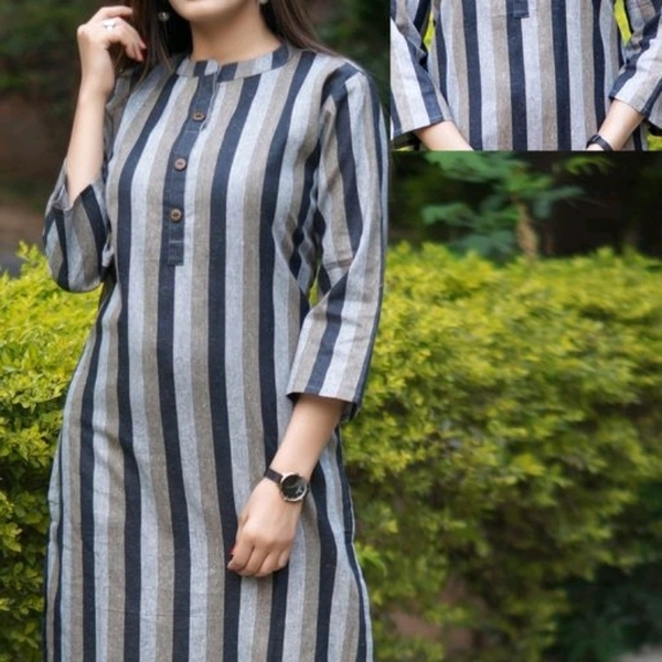 Women Khadi Cotton Straight Stripe Kurti - Black, XXL