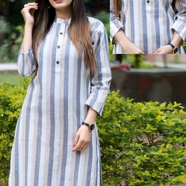 Women Khadi Cotton Straight Stripe Kurti - White, M