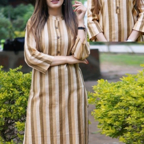 Women Khadi Cotton Straight Stripe Kurti - Brown, L