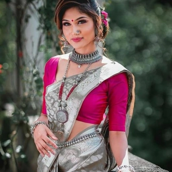 GRACEFUL ART SILK SILVER SAREE WITH RANI BLOUSE