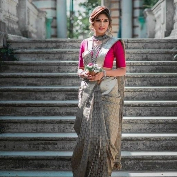 GRACEFUL ART SILK SILVER SAREE WITH RANI BLOUSE