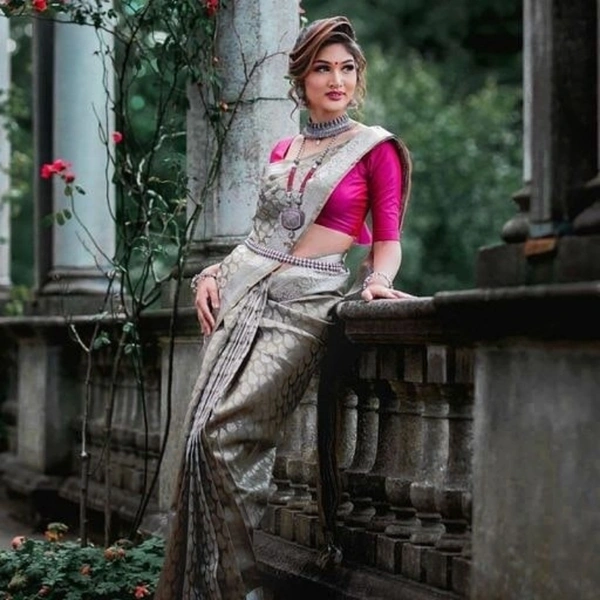 GRACEFUL ART SILK SILVER SAREE WITH RANI BLOUSE
