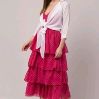 Women Gathered Dress + White Overcoat - Black, S