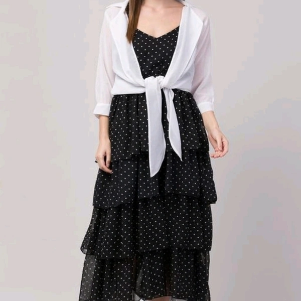 Women Gathered Dress + White Overcoat - Black, S