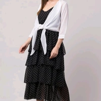 Women Gathered Dress + White Overcoat - Black, S