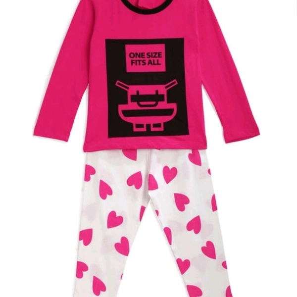Kids Magenta Cotton Fabric Cartoon Print  Night Dress - 5-6 years