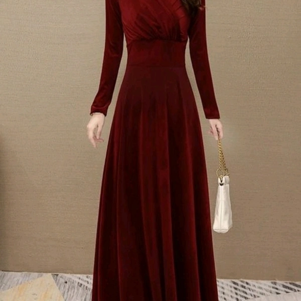 Women's Maroon V-Neck Velvet Long Dress - XL