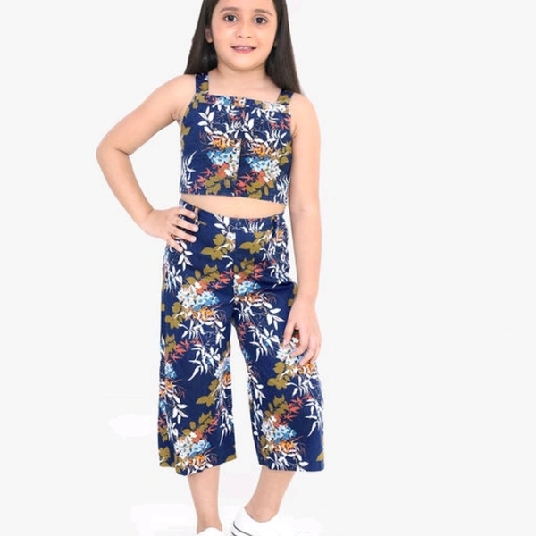 Girls Navy Blue Floral Printed Top with Palazzos - 4-5 years