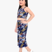 Girls Navy Blue Floral Printed Top with Palazzos - 4-5 years