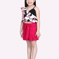 Girls Black Floral Printed Top with Maroon Shorts - 10-11 years
