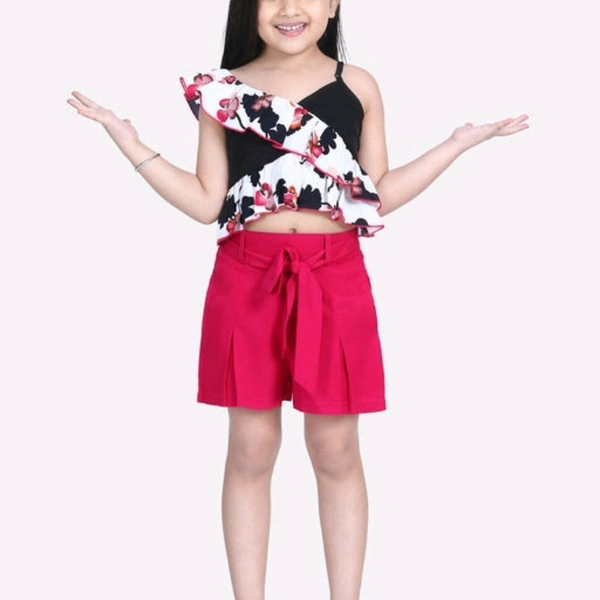 Girls Black Floral Printed Top with Maroon Shorts - 13-14 years