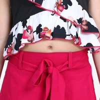 Girls Black Floral Printed Top with Maroon Shorts - 13-14 years