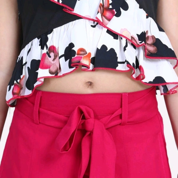 Girls Black Floral Printed Top with Maroon Shorts - 13-14 years