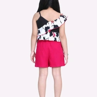 Girls Black Floral Printed Top with Maroon Shorts - 14-15 years