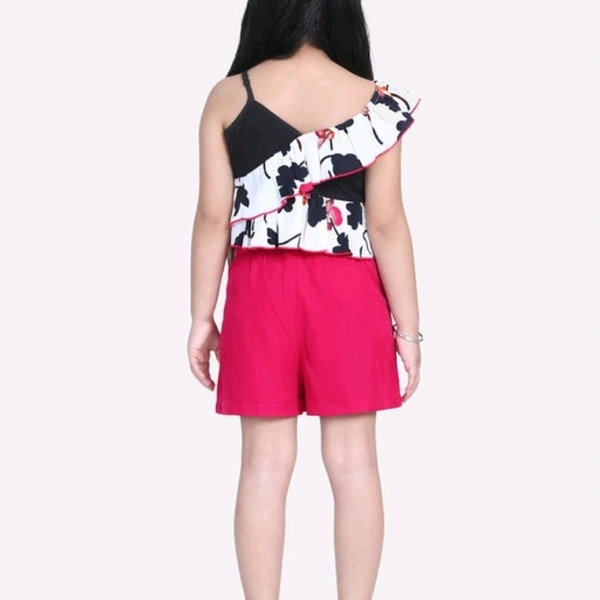 Girls Black Floral Printed Top with Maroon Shorts - 14-15 years