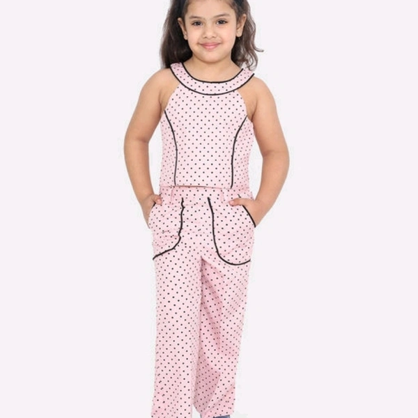 Girls Pink Polka Dots Printed Top With Trousers - 11-12 years
