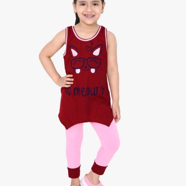 Girls Maroon Printed T-shirt with Pink Leggings - 11-12 years