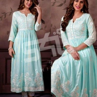 Latest Rayon Lucknowi Chikankari Embroidered Kurti Pant Sets - Yellow, L