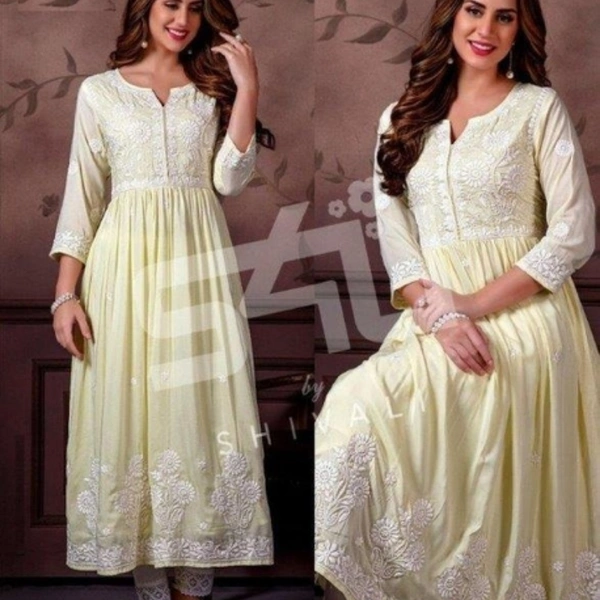 Latest Rayon Lucknowi Chikankari Embroidered Kurti Pant Sets - Yellow, L