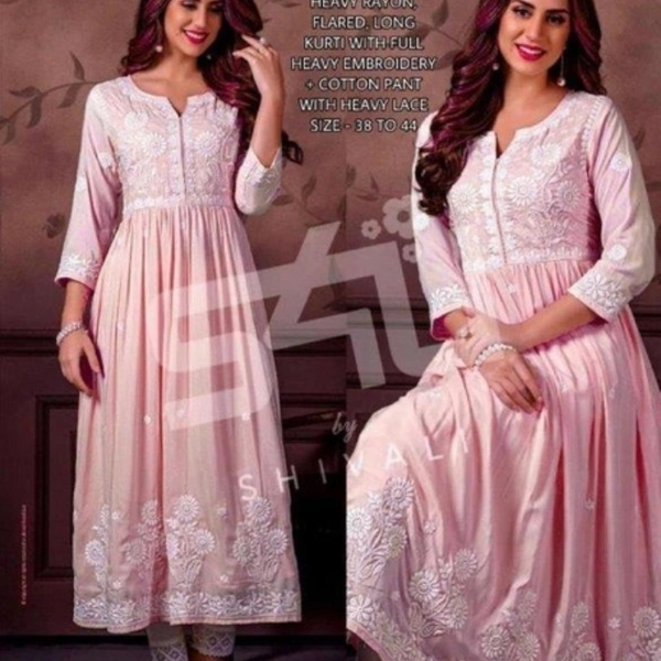 Latest Rayon Lucknowi Chikankari Embroidered Kurti Pant Sets - Blue, XL