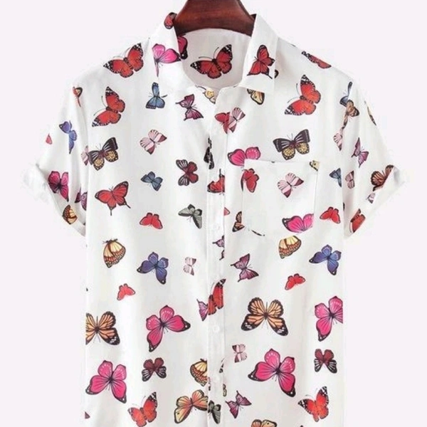 Colorful Butterfly Print Chest Pocket Beach Holiday Casual Shirt - M