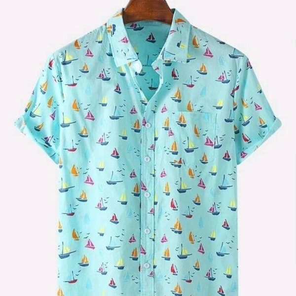 Mens Cotton Cartoon Sailboat Printed Button Up Hawaii Beach Shirts - XXL