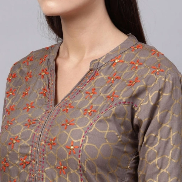 Ishin Women's Rayon Grey & Off White Embroidered A-Line Kurta Palazzo Set - S