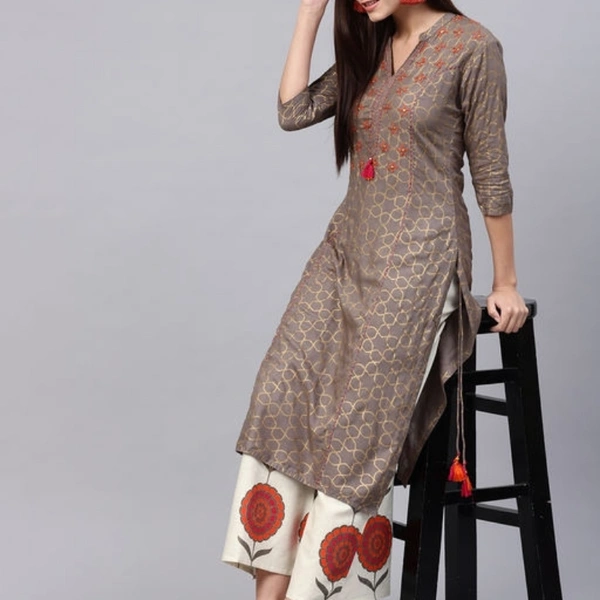 Ishin Women's Rayon Grey & Off White Embroidered A-Line Kurta Palazzo Set - M