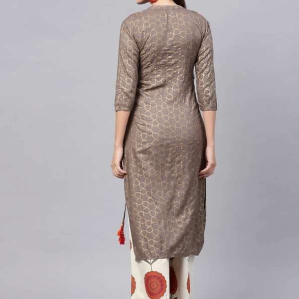 Ishin Women's Rayon Grey & Off White Embroidered A-Line Kurta Palazzo Set - M