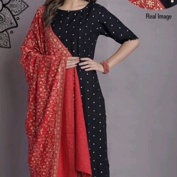 Women Rayon Straight Printed Long Kurti With Palazzos And Dupatta - Blue, L