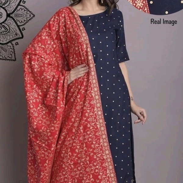 Women Rayon Straight Printed Long Kurti With Palazzos And Dupatta - Blue, L
