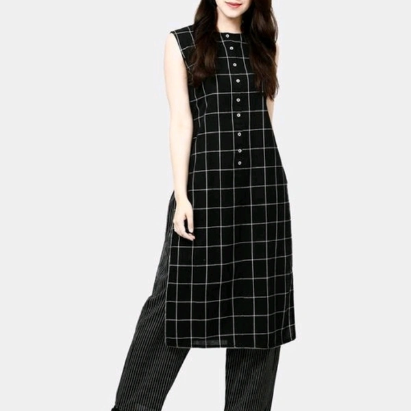 Women Cotton A-line Checked Long Kurti With Palazzos - XL
