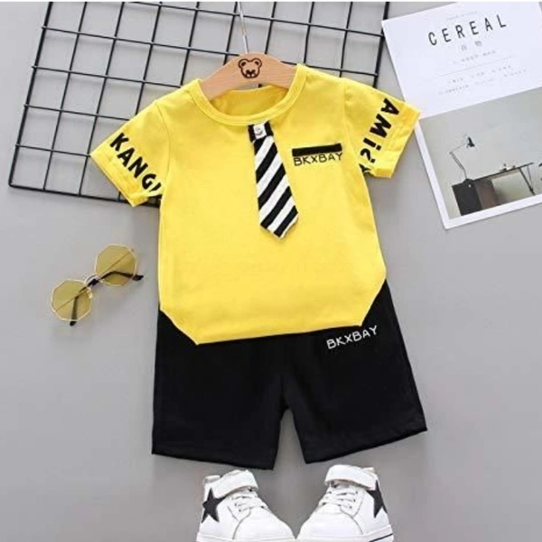 Bold N Elegant Yellow Gentleman Boy T-Shirt with Tie & Shorts Clothes Set Smart Casual Party wear for Boys - 2-3 years