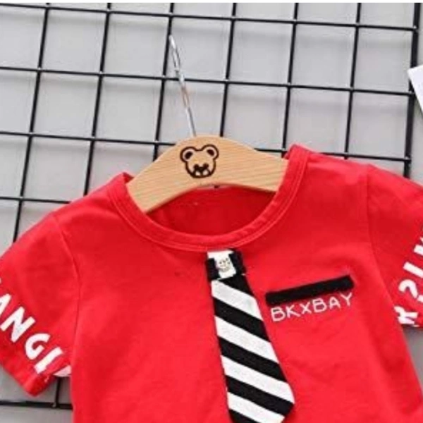 Bold N Elegant Summer Gentleman Boy Red T-Shirt with Tie & Shorts Clothes Set Smart Casual Party wear for Boys - 2-3 years