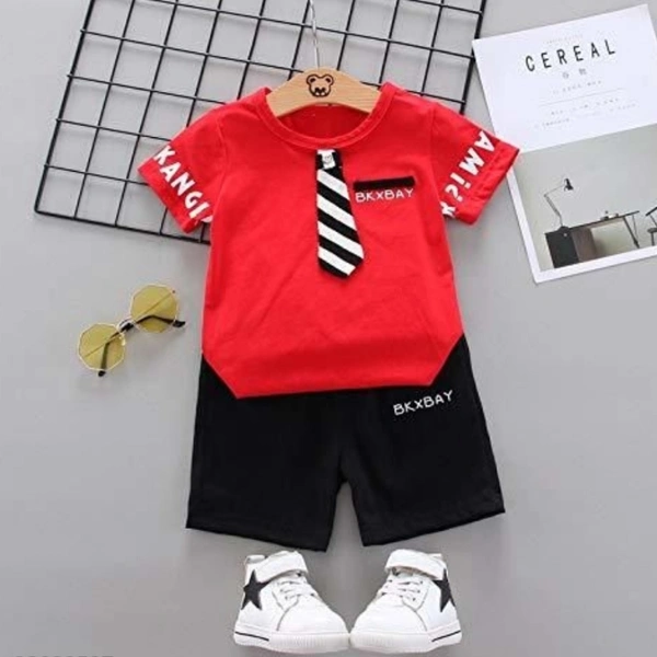Bold N Elegant Summer Gentleman Boy Red T-Shirt with Tie & Shorts Clothes Set Smart Casual Party wear for Boys - 2-3 years