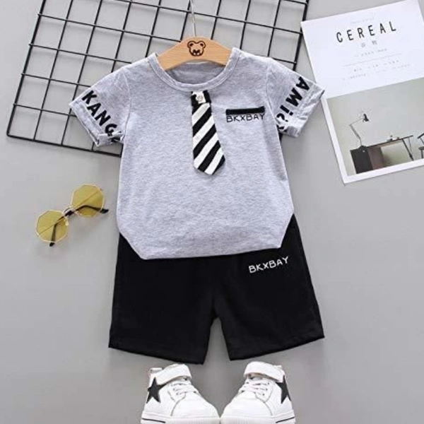 Bold N Elegant Cotton Grey Gentleman Boy T-Shirt with Tie & Shorts Clothes Set Smart Casual Party wear for Boys - 1-2 years