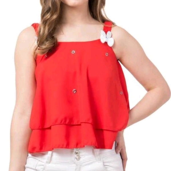 TIARA WORLD NEW SLEEVELESS SELF DESIGNED TOPS - Red, M