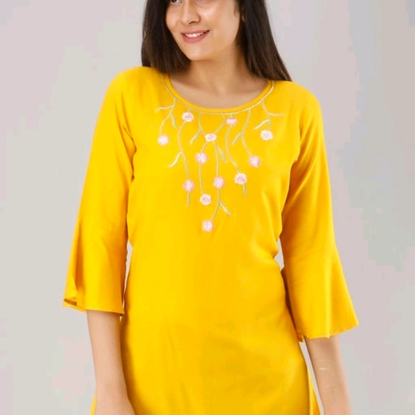 ftDiva Rayon Embroidered Tunic in Yellow - L