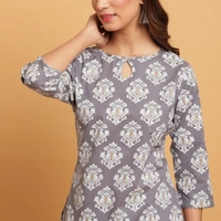 Women Cotton Straight Printed Long Kurti With Palazzos - S