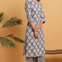 Women Cotton Straight Printed Long Kurti With Palazzos - S